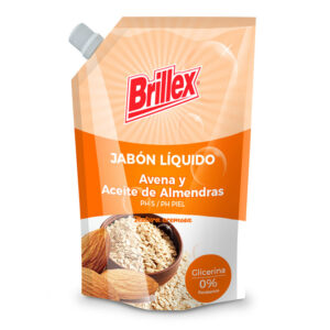 Jabón Líquido Brillex Avena y Aceite de Almendras, 750 ml, fórmula nutritiva y suave, presentado en caja de 12 unidades.