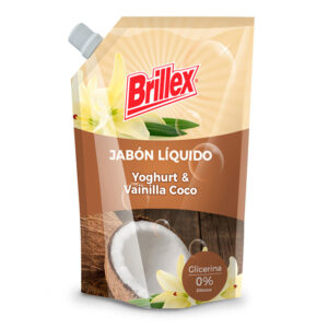 Jabón Líquido Brillex Yoghurt & Vainilla Coco, 750 ml, ideal para limpieza suave y nutritiva, presentado en caja de 12 unidades.