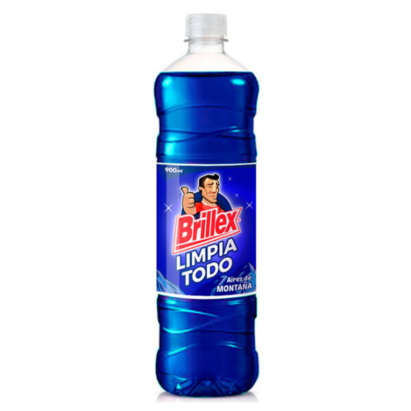 Limpiapisos Brillex Aires de Montaña, 900 ml, 12 pcs por caja, elimina suciedad y deja un fresco aroma natural.